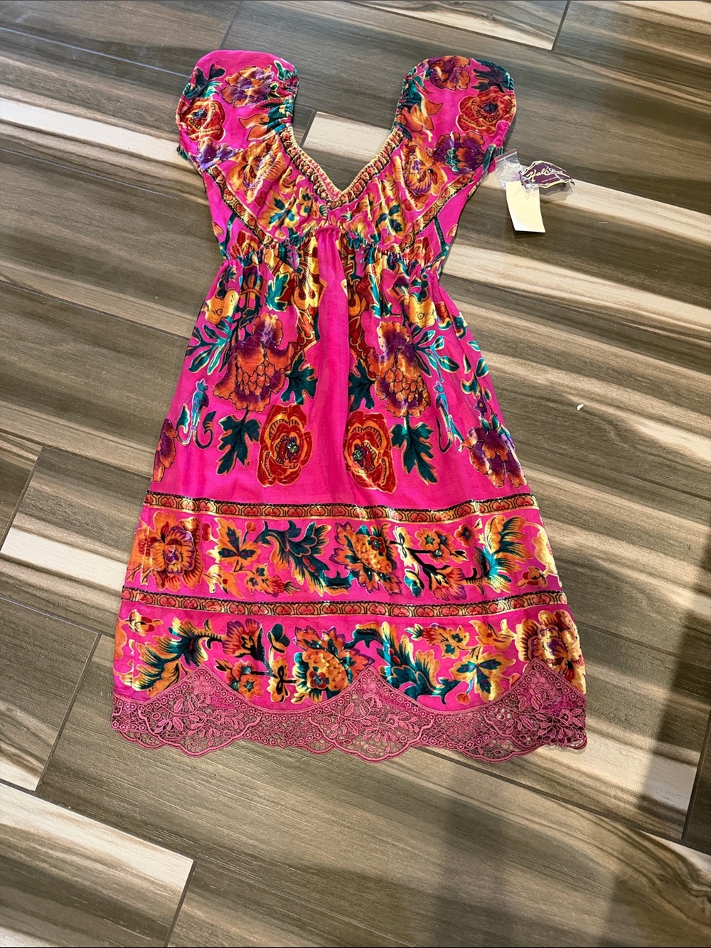 Hale Bob Hot Pink Floral Smocked Waist Dress with Lace Trim